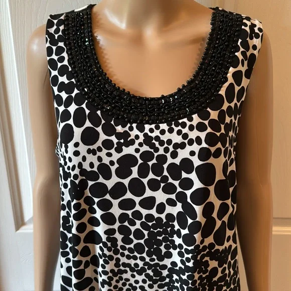 Embellished White dress black polka Dots XL Tiana B Scoop Neck Shift Preowned - Picture 2 of 10